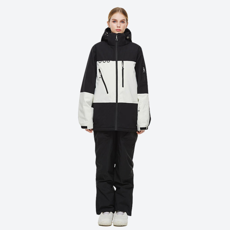 Unisex snowboard jacket and bibs set - black and white colorblock jacket with black pants, for skiing and snowboarding