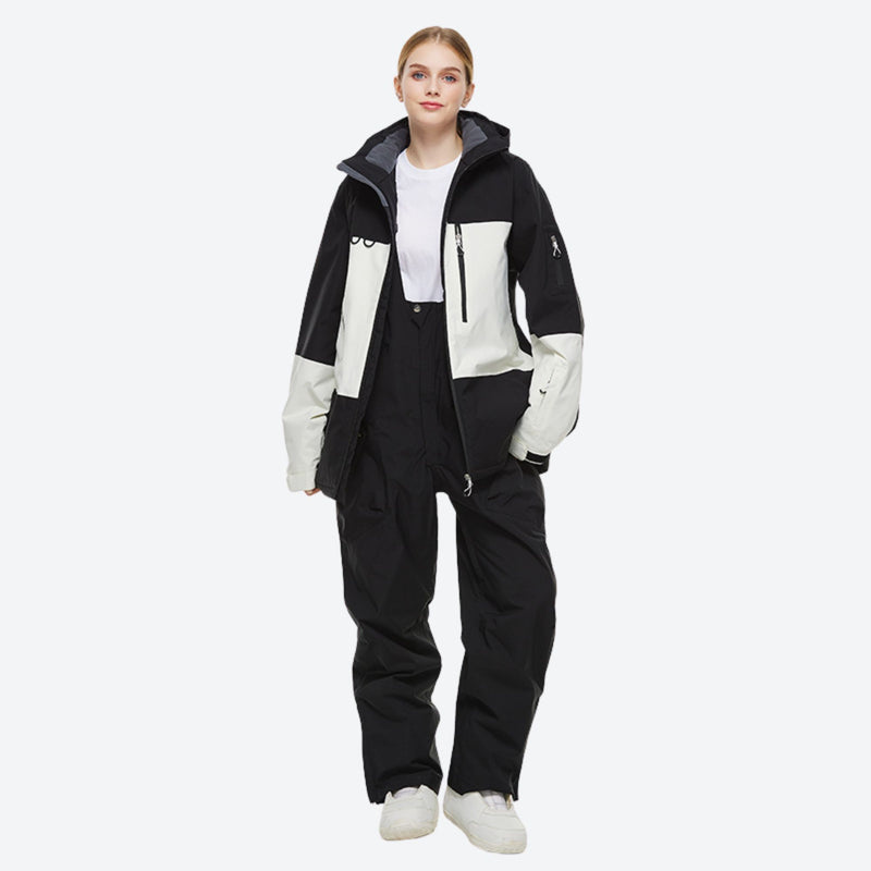 Unisex waterproof 2L snow jacket and bib pants - black and white colorblock, for skiing and snowboarding