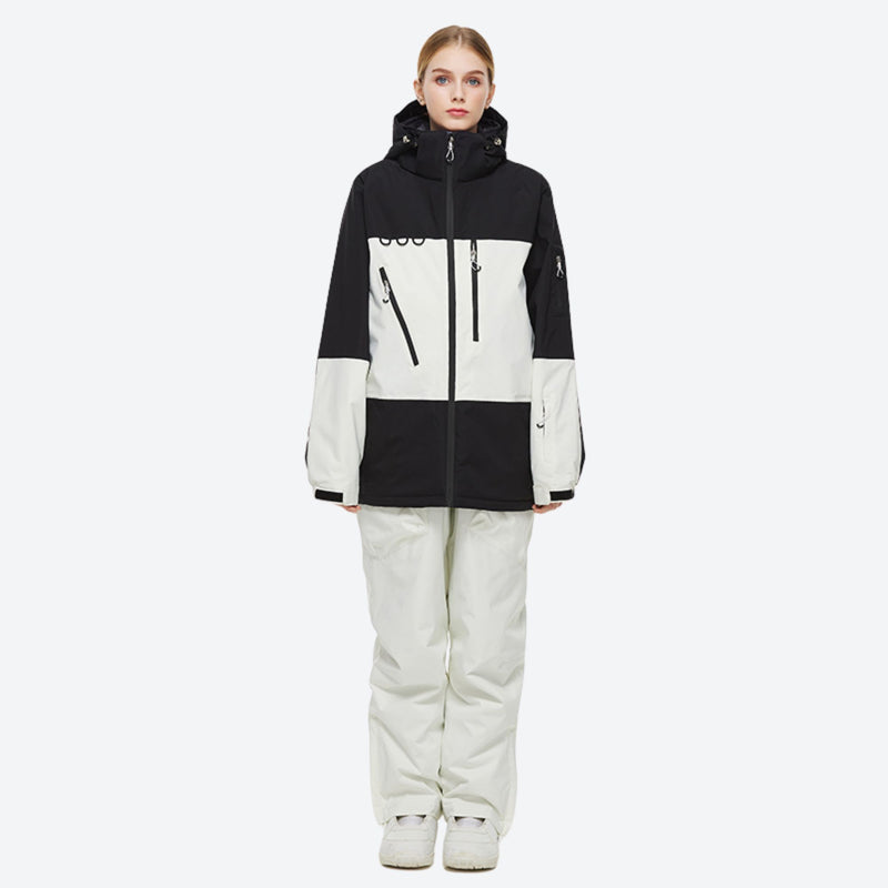 Breathable 2-layer colorblock ski jacket with suspender bibs - black and white colorblock jacket with white pants