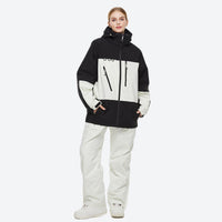 
                  
                    Unisex snowboard jacket and bibs set - black and white colorblock jacket with white pants, adjustable suspenders on bib pants
                  
                