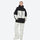 Unisex snowboard jacket and bibs set - black and white colorblock jacket with white pants, adjustable suspenders on bib pants