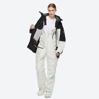 
                  
                    Unisex waterproof 2L snow jacket and bib pants - black and white colorblock jacket with white pants
                  
                