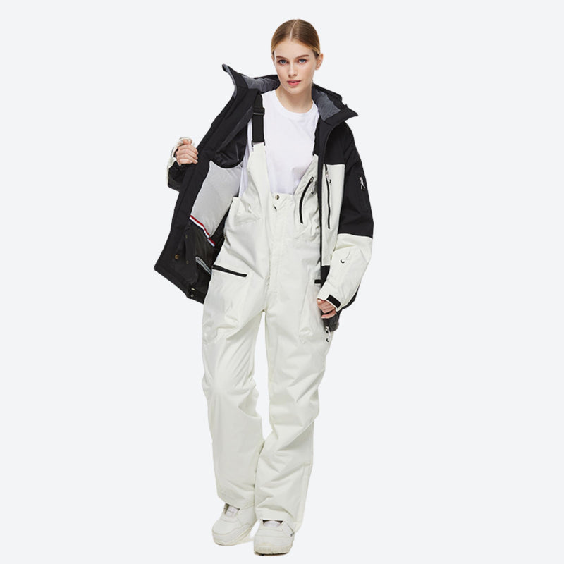 Unisex waterproof 2L snow jacket and bib pants - black and white colorblock jacket with white pants