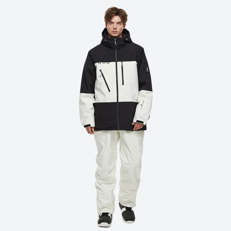 Unisex waterproof 2L snow jacket and bib pants - black and white colorblock jacket with white pants 75