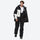 Unisex snowboard jacket and bibs set - black and white colorblock jacket with black pants, adjustable suspenders on bib pants