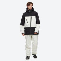
                  
                    Unisex snowboard jacket and bibs set - black and white colorblock jacket with white pants, hem snow gaiters keep snow out
                  
                