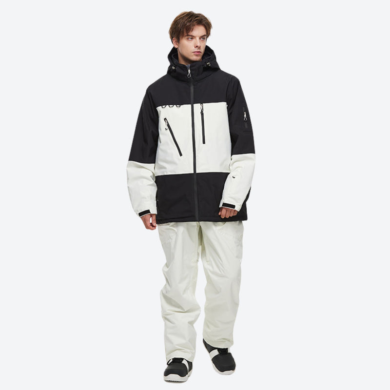 Unisex snowboard jacket and bibs set - black and white colorblock jacket with white pants, hem snow gaiters keep snow out