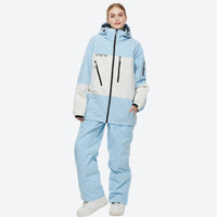 
                  
                    Unisex snowboard jacket and bibs set - ice blue jacket with white pants, for powder and piste riding
                  
                