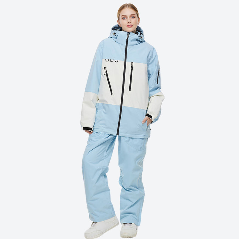 Unisex snowboard jacket and bibs set - ice blue jacket with white pants, for powder and piste riding