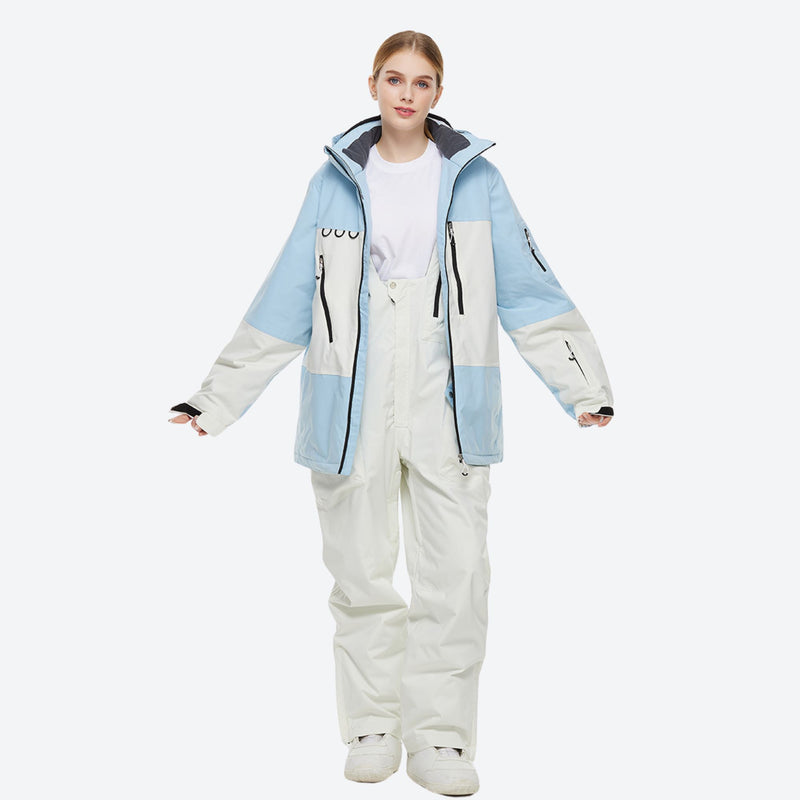 Unisex waterproof 2L snow jacket and bib pants - ice blue jacket with white pants, for cold-weather winter sports