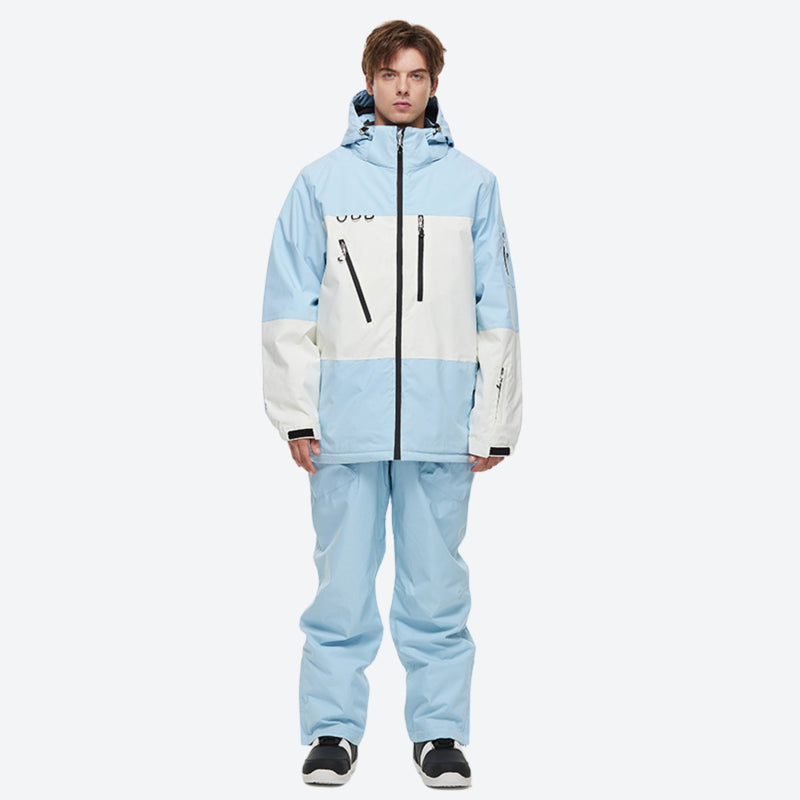 Breathable 2-layer colorblock ski jacket with suspender bibs - ice blue jacket with ice blue pants