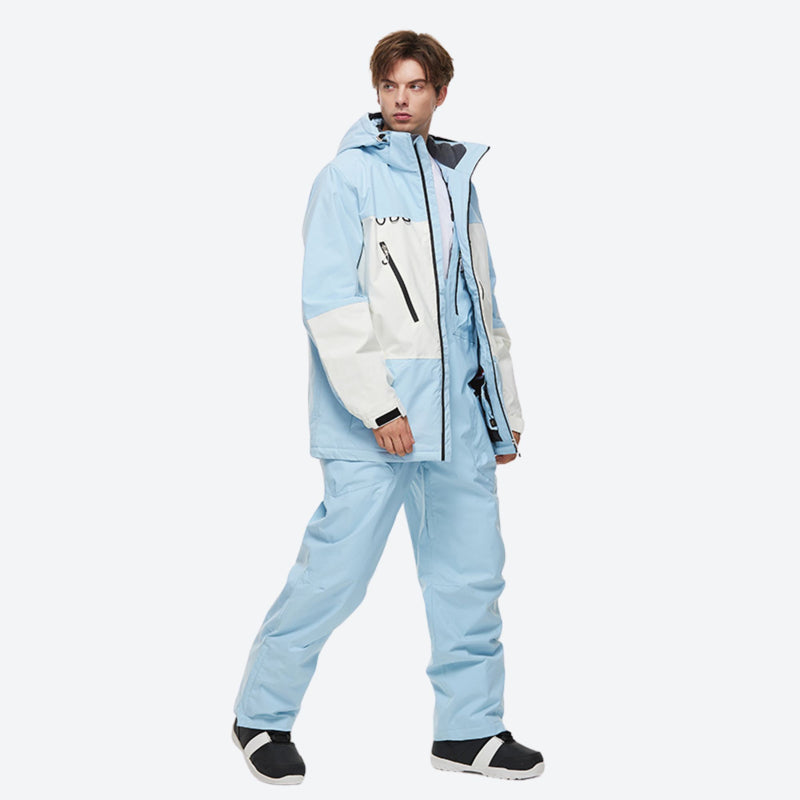 Unisex snowboard jacket and bibs set - ice blue jacket with ice blue pants, for powder and piste riding