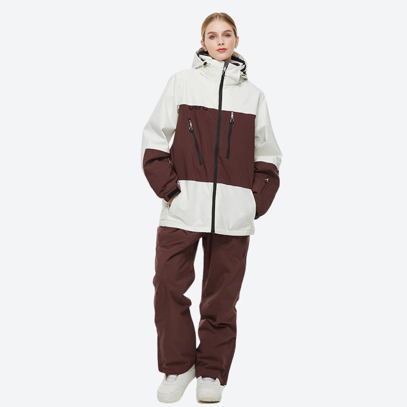 Breathable 2-layer colorblock ski jacket with suspender bibs - coffee brown and white colorblock jacket with coffee pants