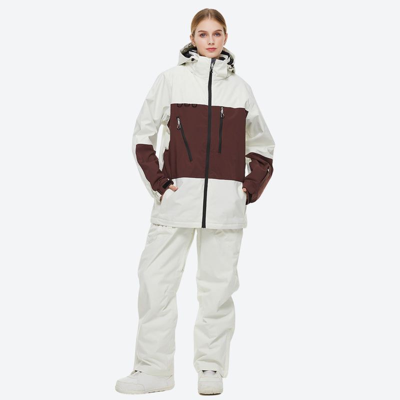 Unisex waterproof 2L snow jacket and bib pants - coffee brown jacket with white pants, for powder and piste riding