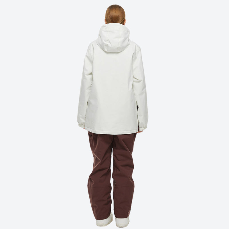 Unisex waterproof 2L snow jacket and bib pants - coffee brown jacket with white pants, for resort and backcountry days