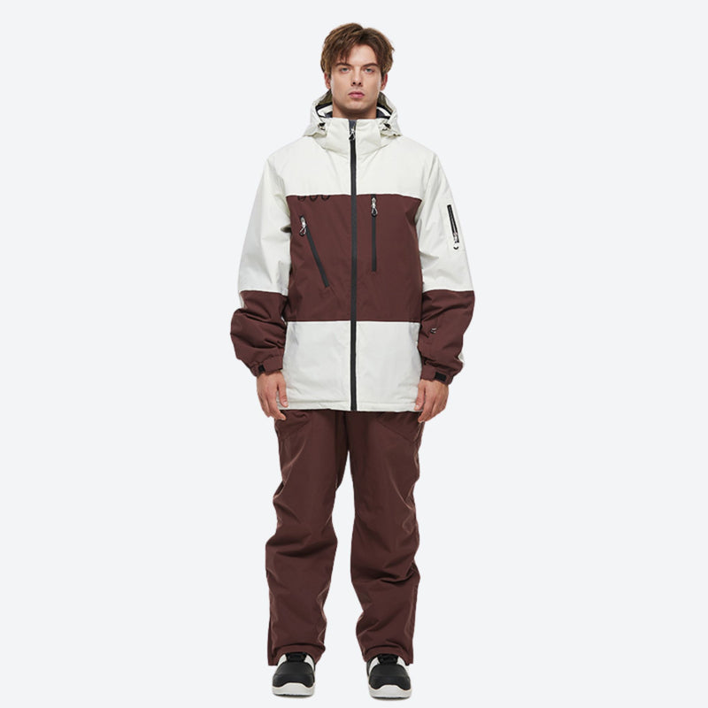 Breathable 2-layer colorblock ski jacket with suspender bibs - coffee brown jacket with coffee pants