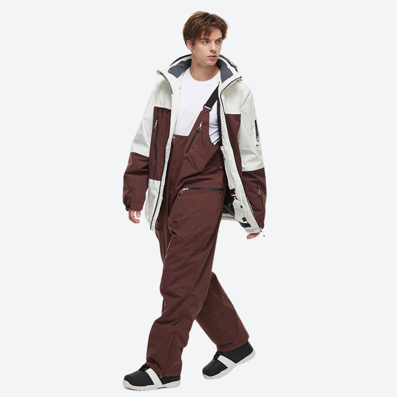 Unisex waterproof 2L snow jacket and bib pants - coffee brown jacket with coffee pants, for skiing and snowboarding