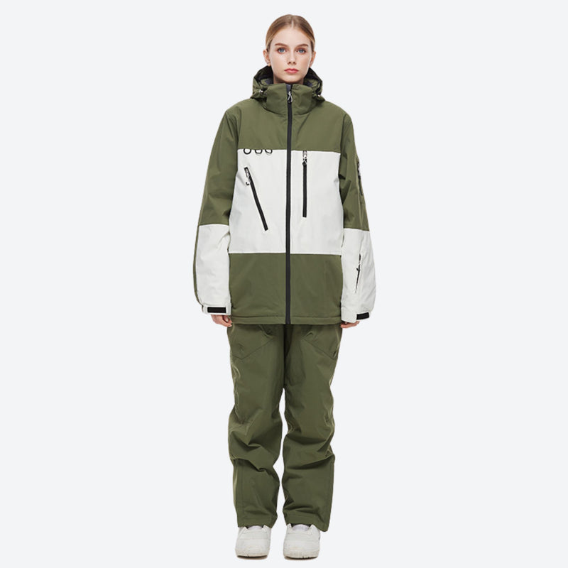 Breathable 2-layer colorblock ski jacket with suspender bibs - olive green and white colorblock jacket with olive pants