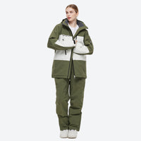 
                  
                    Unisex snowboard jacket and bibs set - olive green and white colorblock jacket with olive pants, for skiing and snowboarding
                  
                