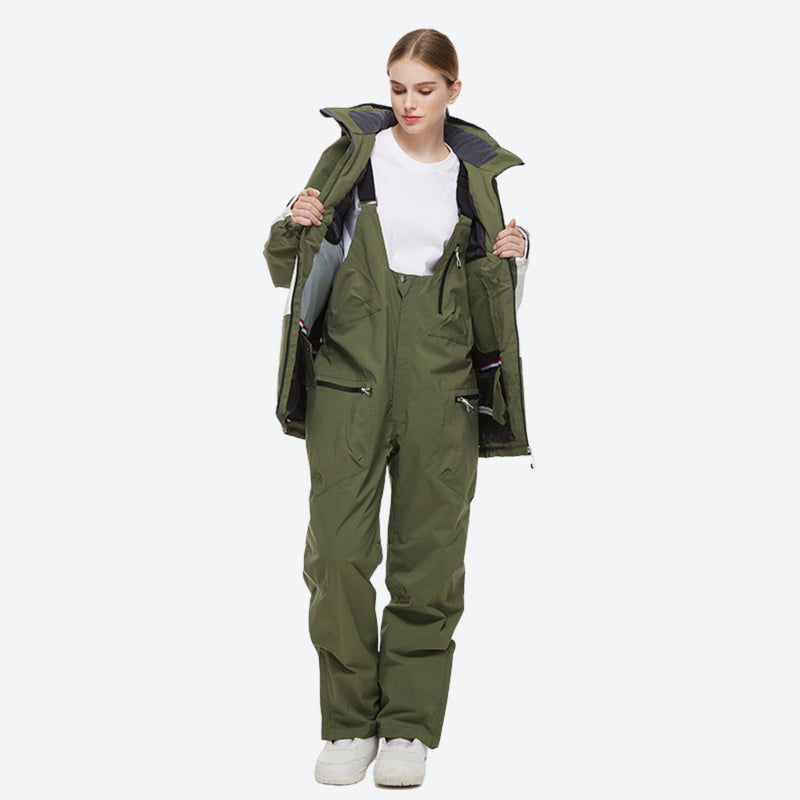 Unisex waterproof 2L snow jacket and bib pants - olive green and white colorblock jacket with olive pants