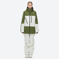 
                  
                    Unisex waterproof 2L snow jacket and bib pants - olive green jacket with white pants, for skiing and snowboarding
                  
                