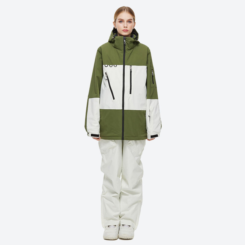 Unisex waterproof 2L snow jacket and bib pants - olive green jacket with white pants, for skiing and snowboarding