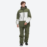 
                  
                    Unisex snowboard jacket and bibs set - olive green jacket with olive pants, for powder and piste riding
                  
                
