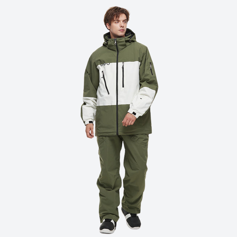 Unisex snowboard jacket and bibs set - olive green jacket with olive pants, for powder and piste riding