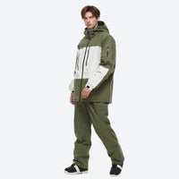 
                  
                    Unisex waterproof 2L snow jacket and bib pants - olive green jacket with olive pants, for cold-weather winter sports
                  
                
