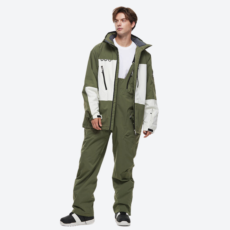 Breathable 2-layer colorblock ski jacket with suspender bibs - olive green jacket with olive pants