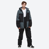 
                  
                    Unisex snowboard jacket and bibs set - gray and black colorblock jacket with black pants, adjustable suspenders on bib pants
                  
                