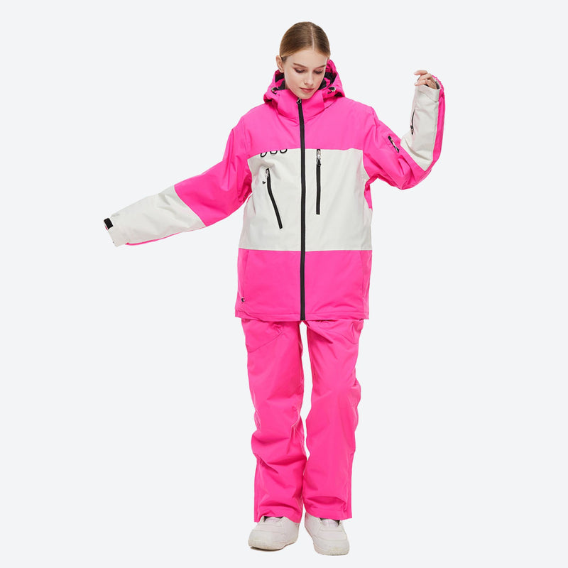 Unisex waterproof 2L snow jacket and bib pants - rose pink, front view with arms out, for resort and backcountry days