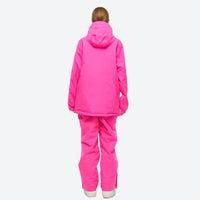 
                  
                    Unisex snowboard jacket and bibs set - rose pink, on-model back hood view, for cold-weather winter sports
                  
                