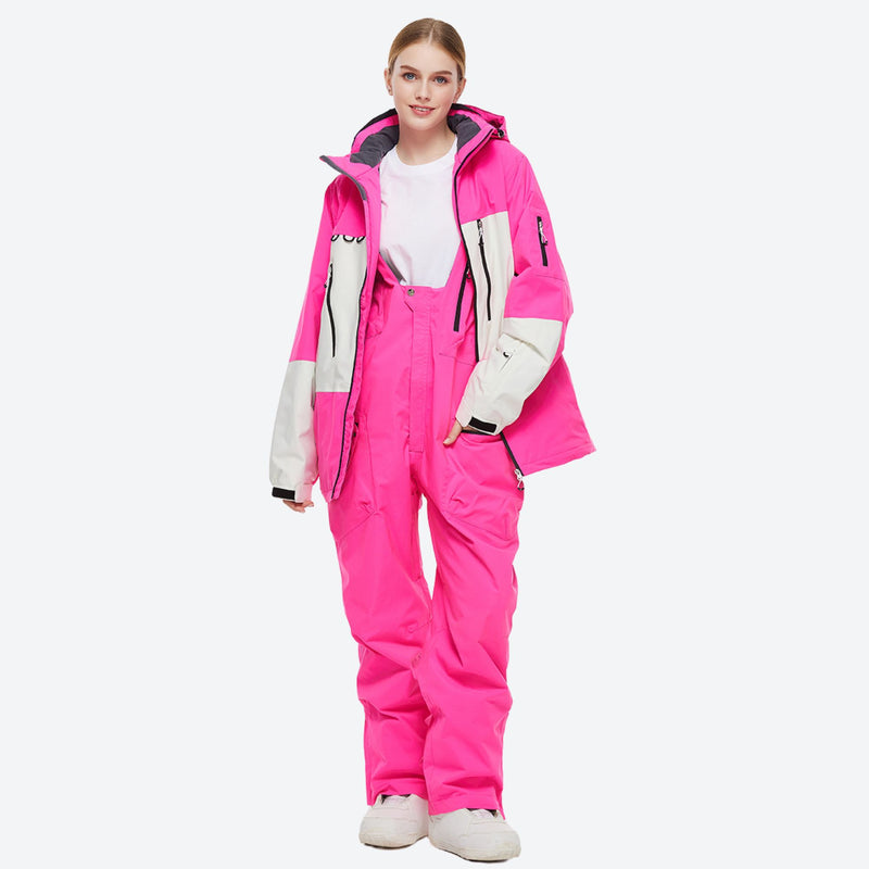 Breathable 2-layer colorblock ski jacket with suspender bibs - rose pink, for powder and piste riding
