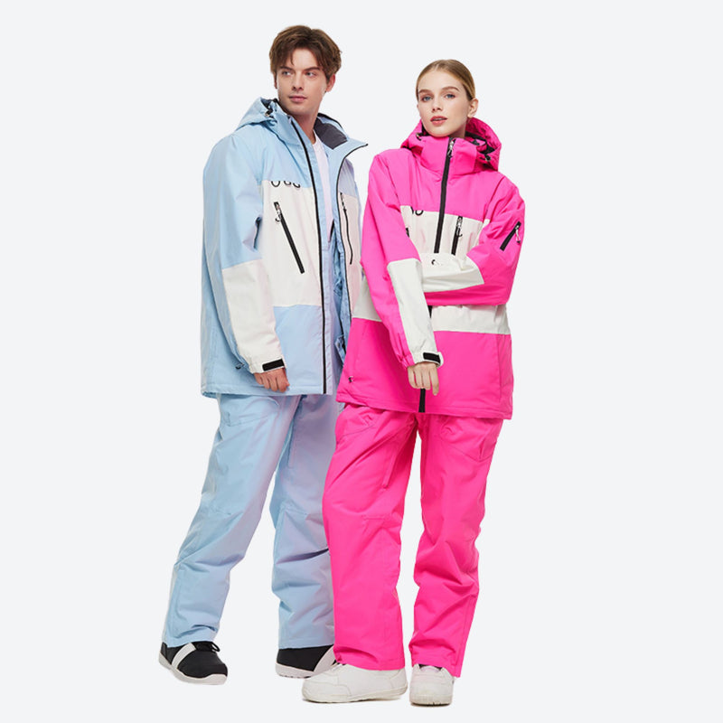 Unisex waterproof 2L snow jacket and bib pants - ice blue jacket with ice blue pants, 2-layer waterproof breathable shell