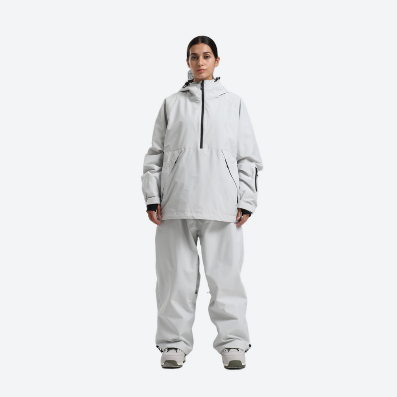 Women's waterproof 2L anorak snow jacket and pants - light gray anorak jacket with white pants, for skiing and snowboarding