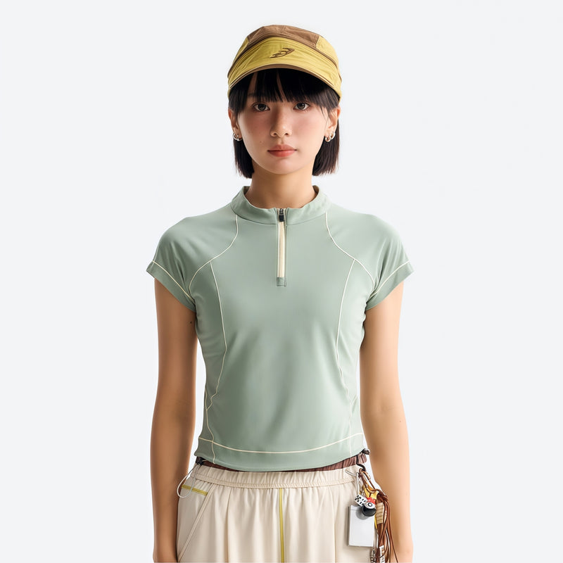 Women's fitted quick-dry breathable tee - sage green half-zip short sleeve tee on women with cap, for cycling and commuting