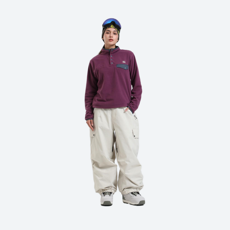 Waterproof 3L cargo snow pants - cream snow pants with purple pullover, on-model front view, for cold-weather winter sports
