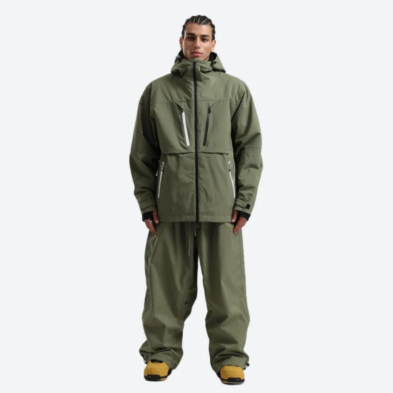 Men's 2-layer snowboard jacket and pants - olive green jacket with olive pants, for resort and street wear