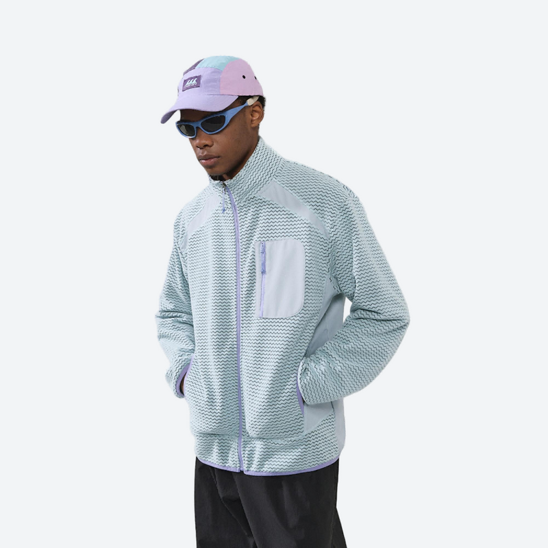 Breathable honeycomb knit fleece jacket with full zip - light blue honeycomb fleece jacket on men with cap