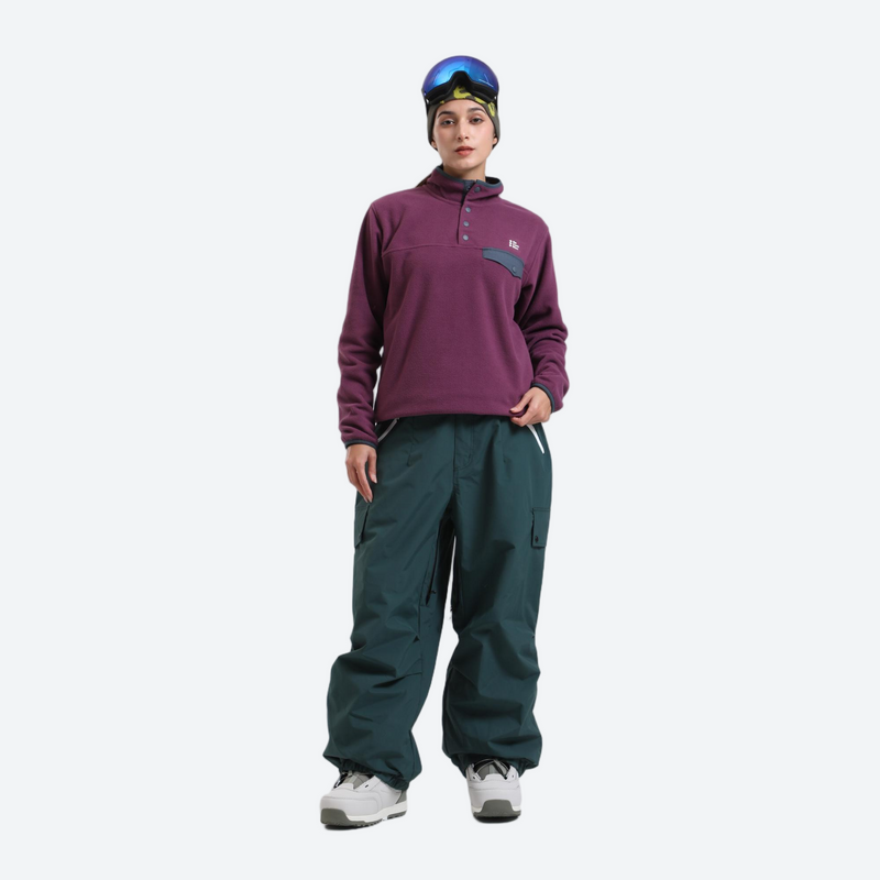 Unisex breathable wide-leg ski pants - dark green snow pants with purple pullover, for cold-weather winter sports