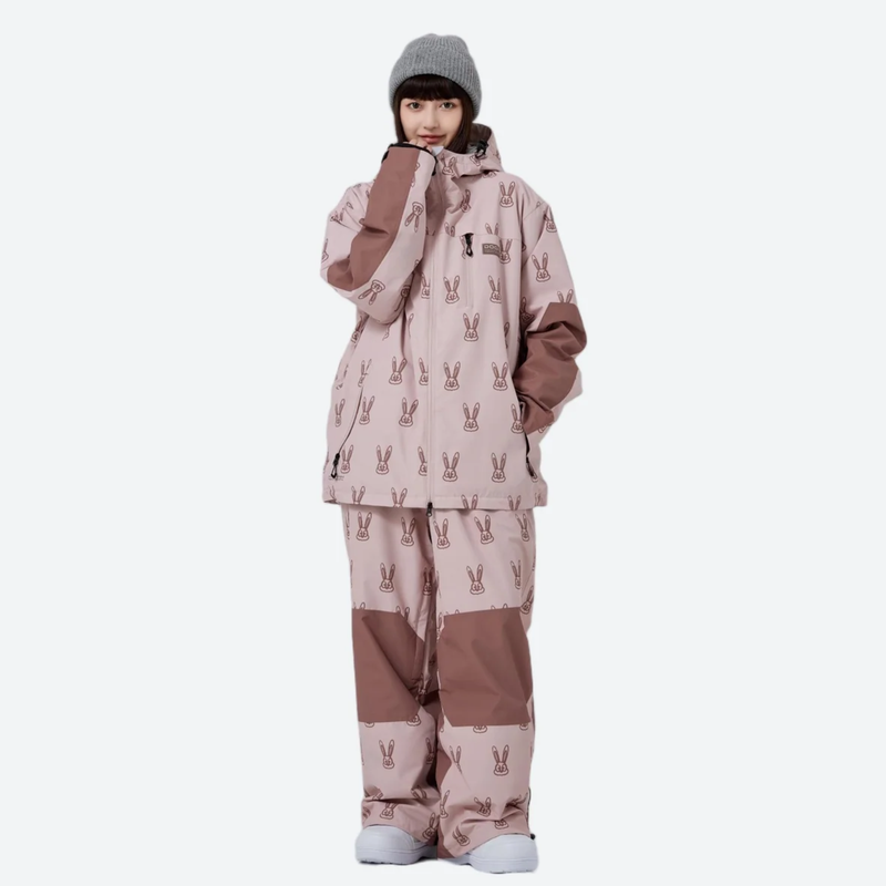 Women's breathable rabbit print ski jacket set - pink brown rabbit print jacket with matching pants