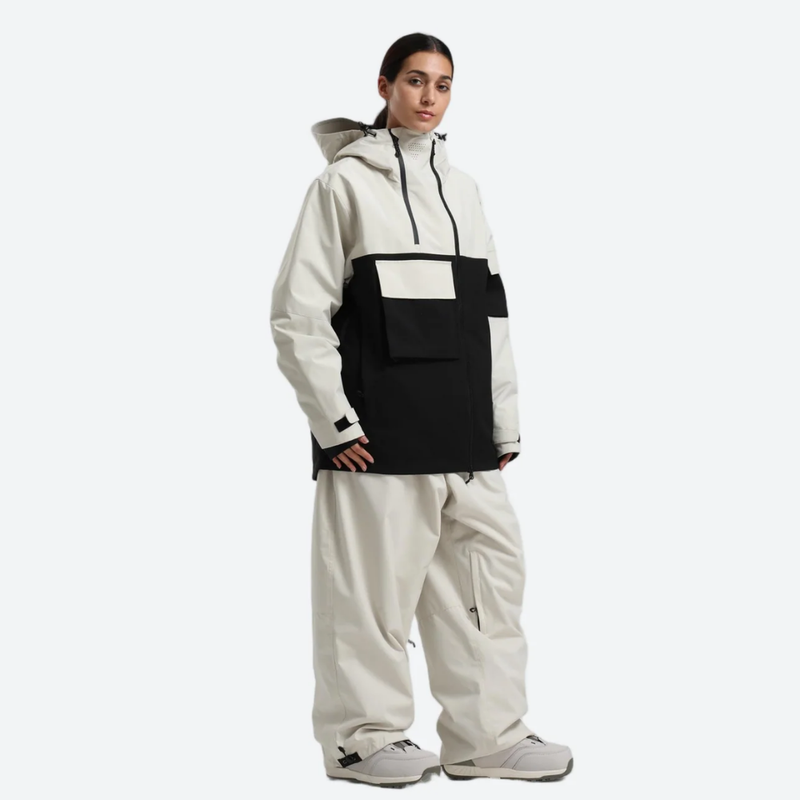 Women's colorblock ski pullover set - cream and black colorblock jacket with cream pants, for cold-weather winter sports