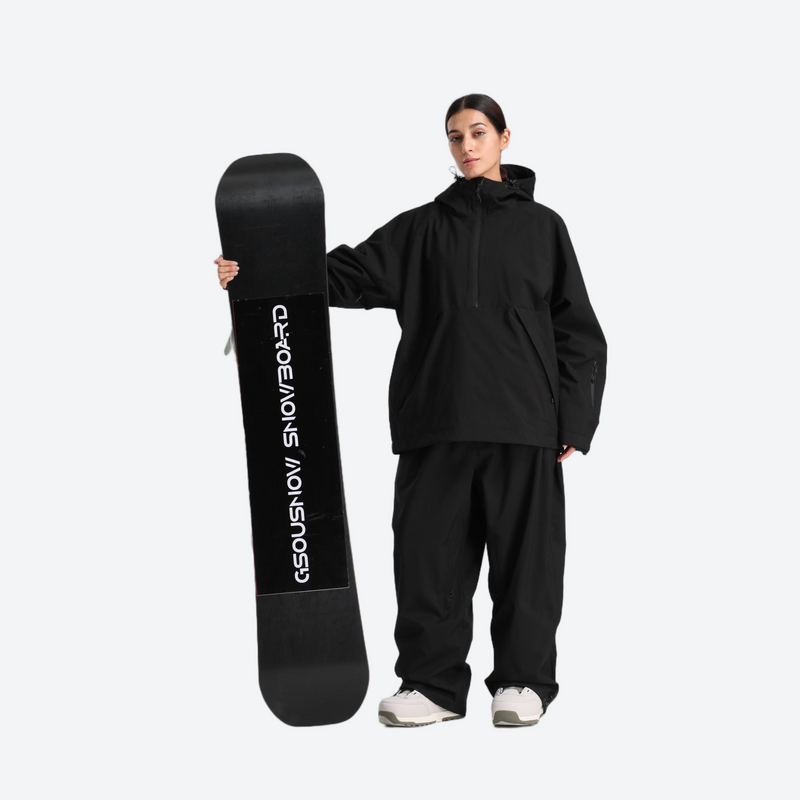 Women's 2-layer snowboard jacket and pants - black anorak jacket with black snow pants, for resort and street wear
