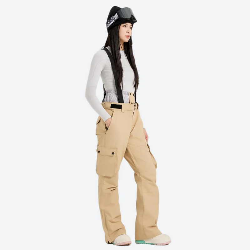 Women's 2-layer snowboard jacket and bibs set - tan snow pants, for resort and cross-country days