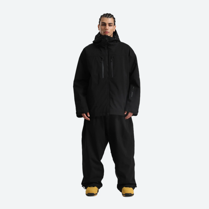 Men's breathable ski jacket with chest zip pockets - black jacket with black pants, for resort and street wear