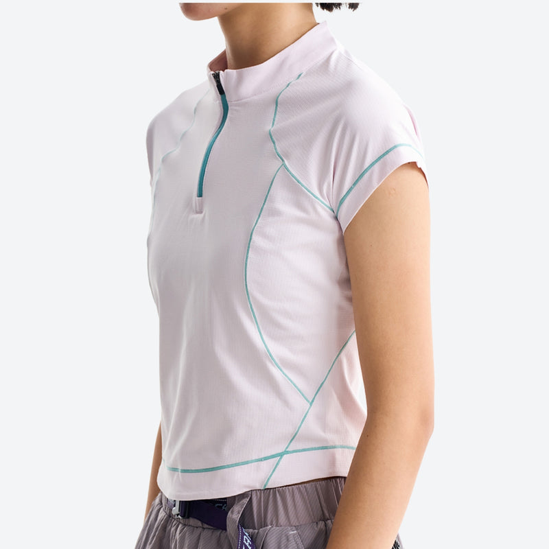 Women's wrinkle-resistant half-zip top - white half-zip short sleeve tee on women with headband, for hiking and trail walking