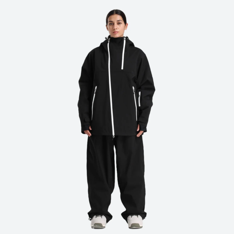 Women's colorblock ski jacket set - black jacket with black pants, for cold-weather winter sports