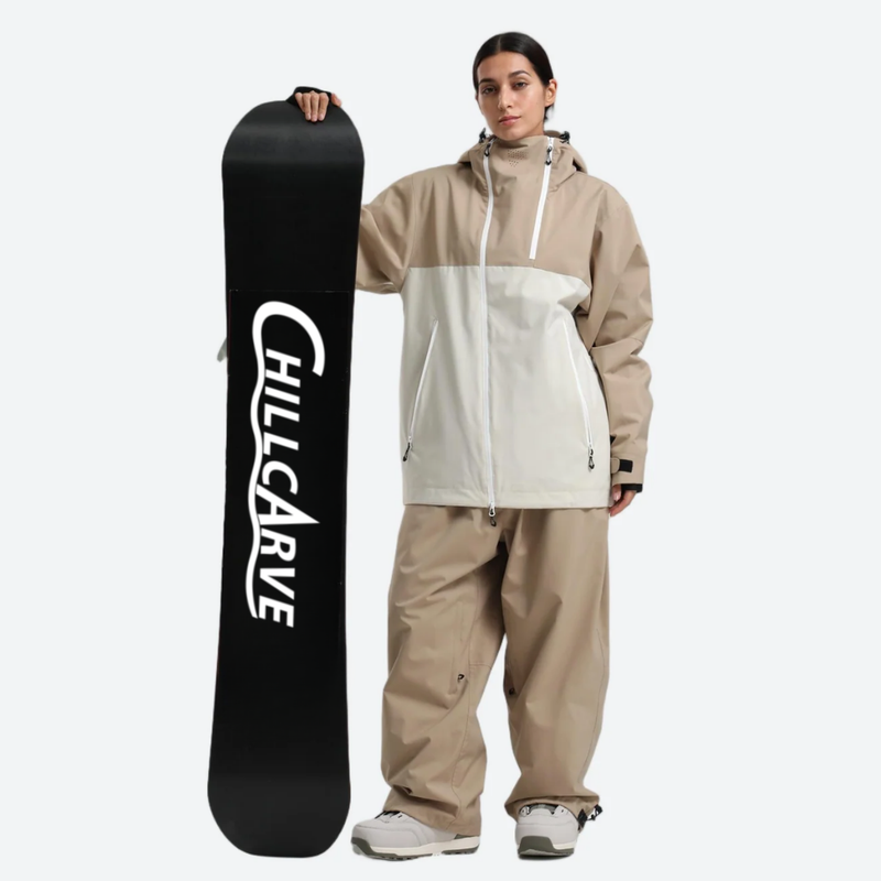 Women's colorblock ski jacket set - tan and cream colorblock jacket with tan pants, for powder days and winter commute