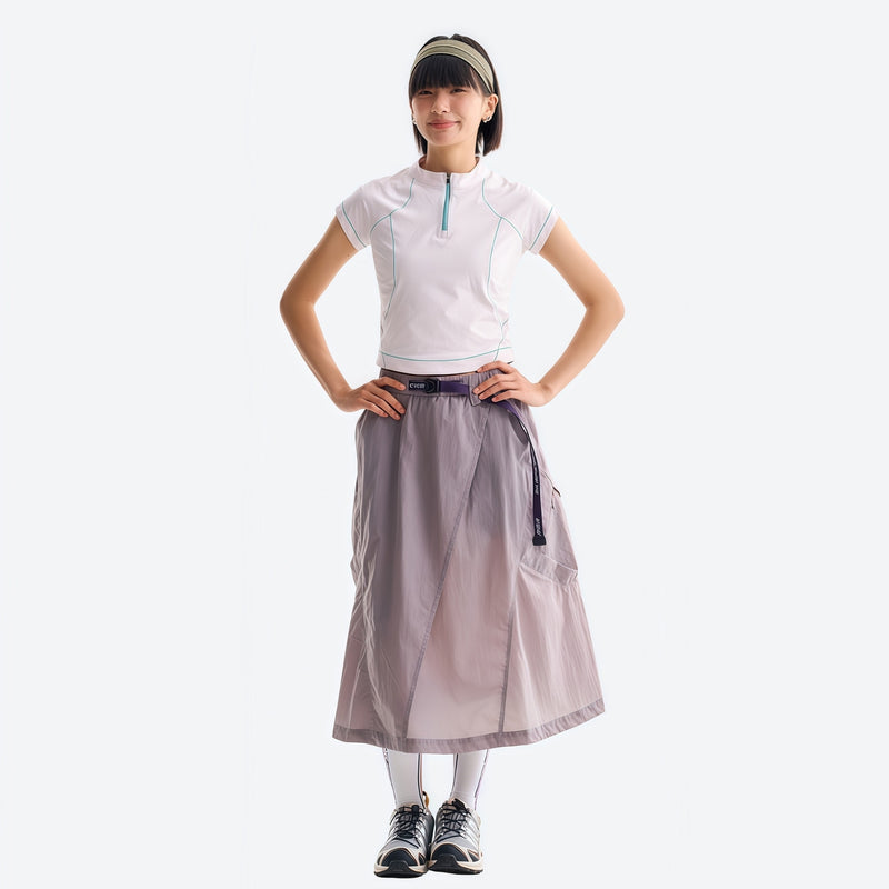Women's stretchy fitted tee for outdoor - white half-zip short sleeve tee on women with cap, for cycling and commuting